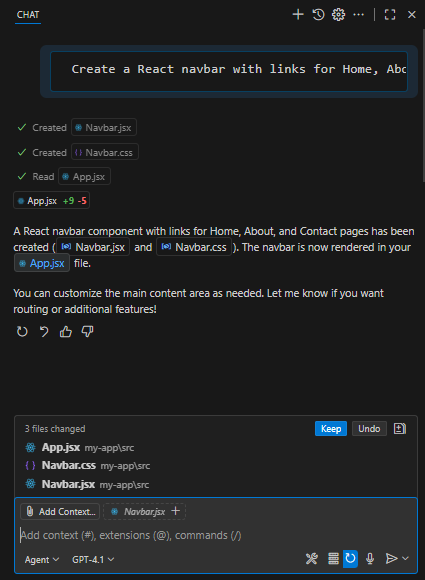 Image 1 - Example of asking Copilot to create a navbar component in react