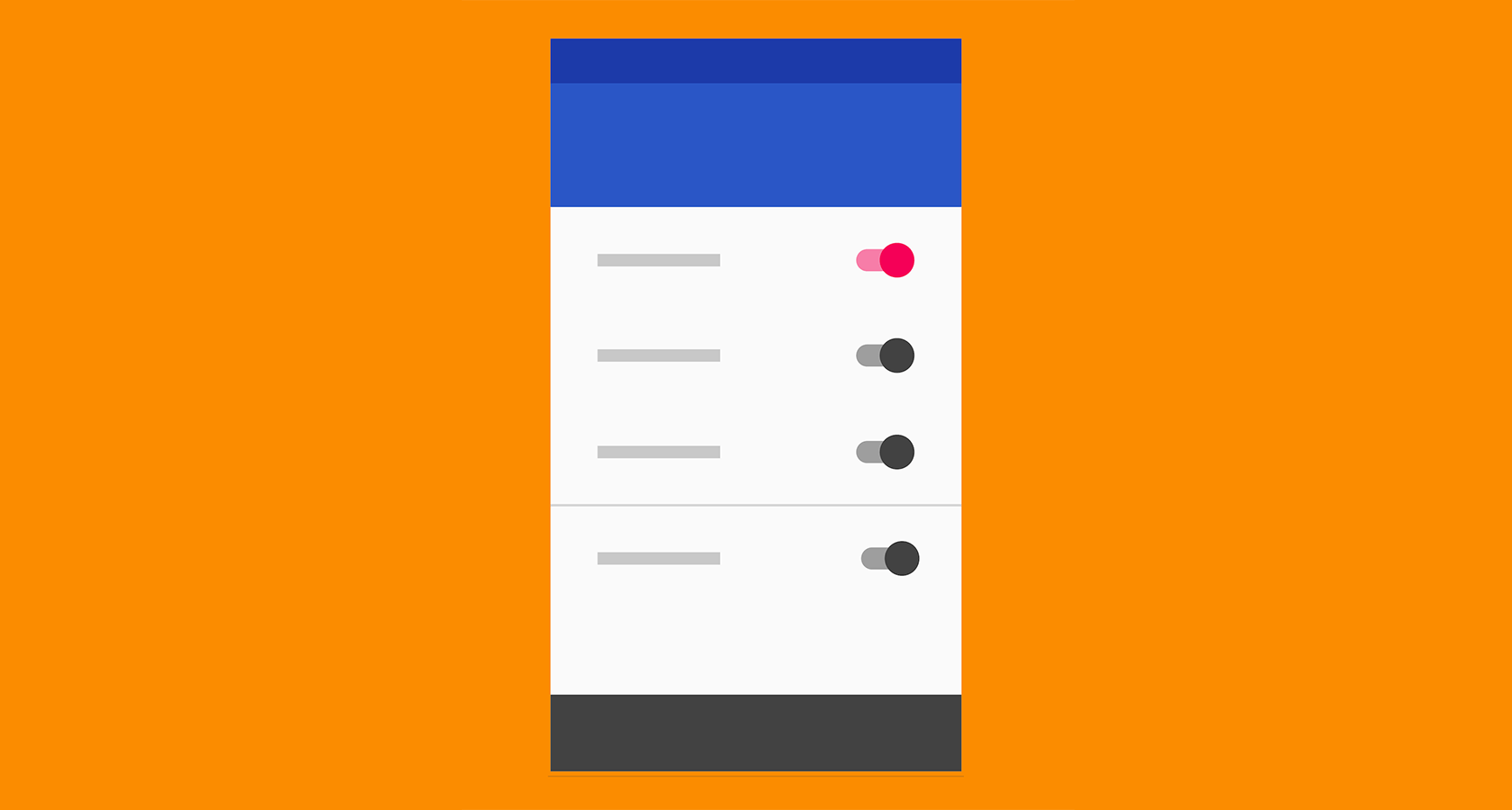 Even completely abstracted, the average user will likely know that what they are looking at is a set of switches to turn on and off as desired. Google's Material Design system uses very flat visual design and iconography but leverages common UI patterns based on physical metaphors to ensure optimal usability. Even completely abstracted, the average user will likely know that what they are looking at is a set of switches to turn on and off as desired. Google's Material Design system uses very flat visual design and iconography but leverages common UI patterns based on physical metaphors to ensure optimal usability.